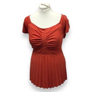 AGB Women’s Short Sleeve Sweetheart Neck Ruched Pleated Top, Orange, size 2X